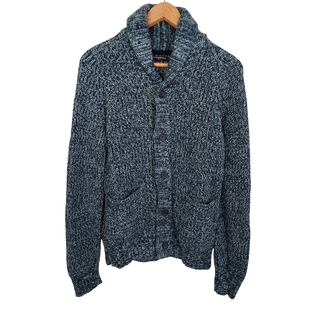 Banana Republic Mens Wool Blend Blue Marled Shawl Collar Cardigan Sweater S